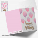 Tarjeta felicitacion happy birthday purpurina oro globos rosas