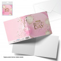 Tarjeta felicitacion cuadrada rosa happy birthday oro