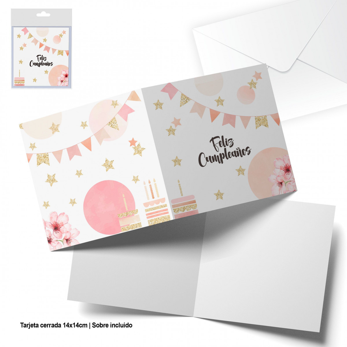 Tarjeta felicitacion cuadrada acuarela y purpurina oro feliz cumple
