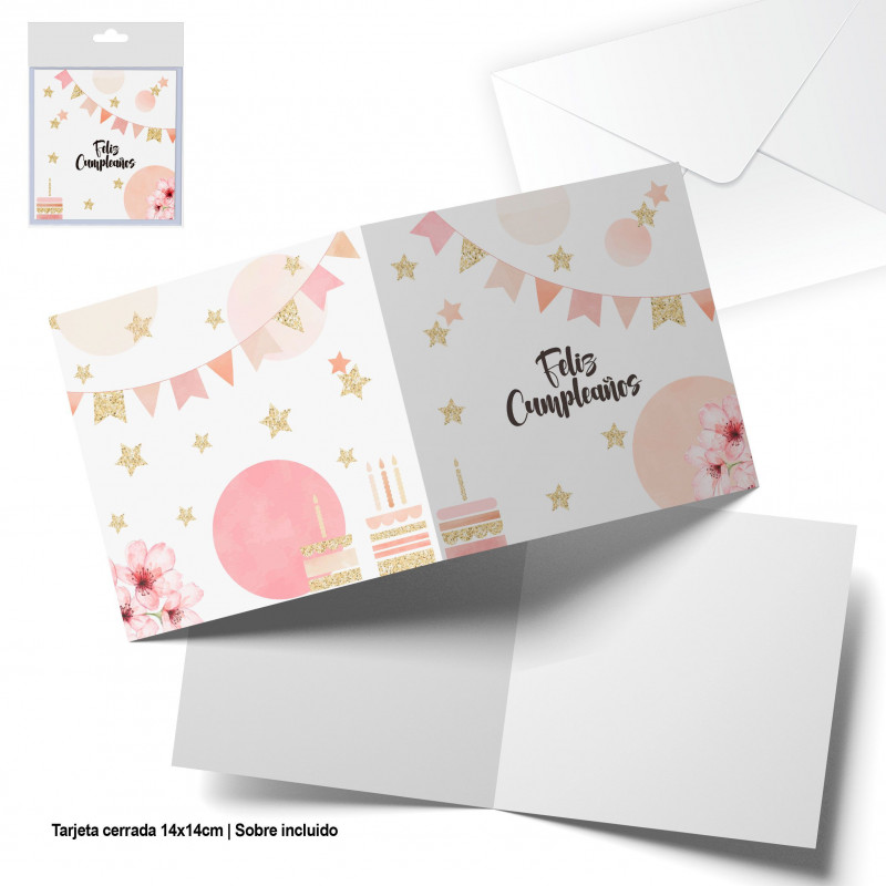 Tarjeta felicitacion cuadrada acuarela y purpurina oro feliz cumple