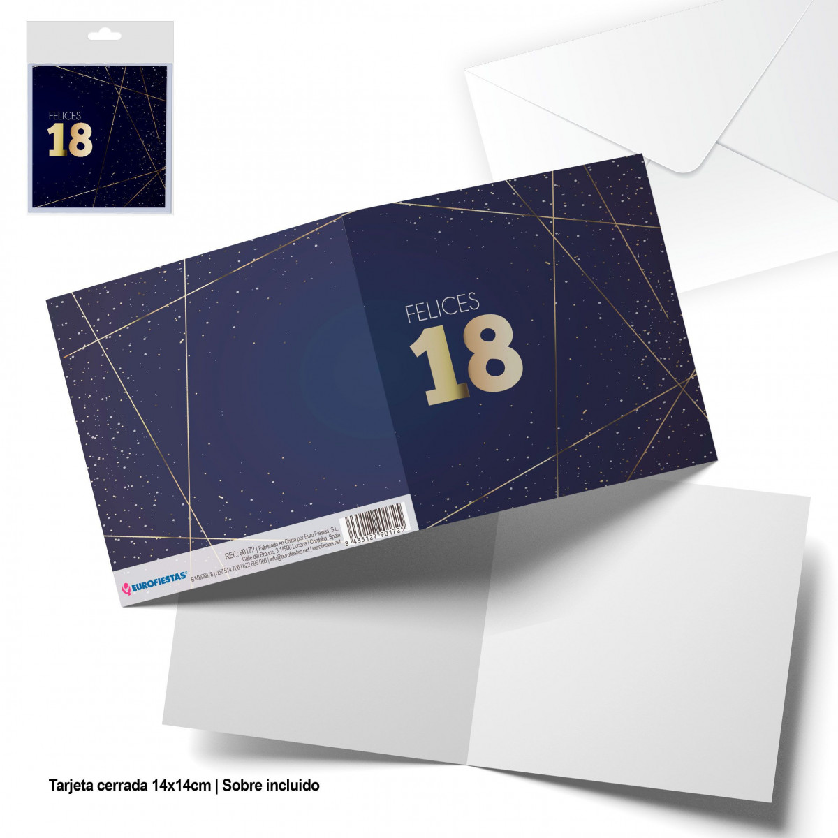 Tarjeta felicitacion cuadrada azul marino y oro felices 18