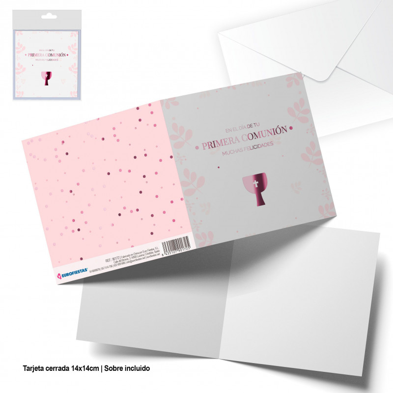 Tarjeta felicitacion cuadrada comunion caliz rosa