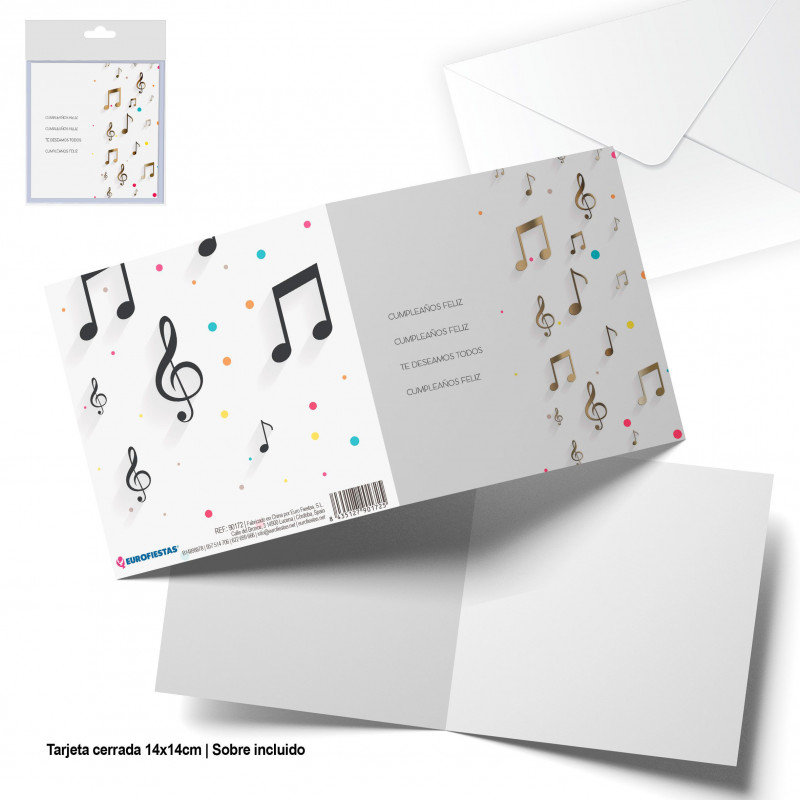 Tarjeta felicitacioin cuadrada notas musicales feliz cumpleaños