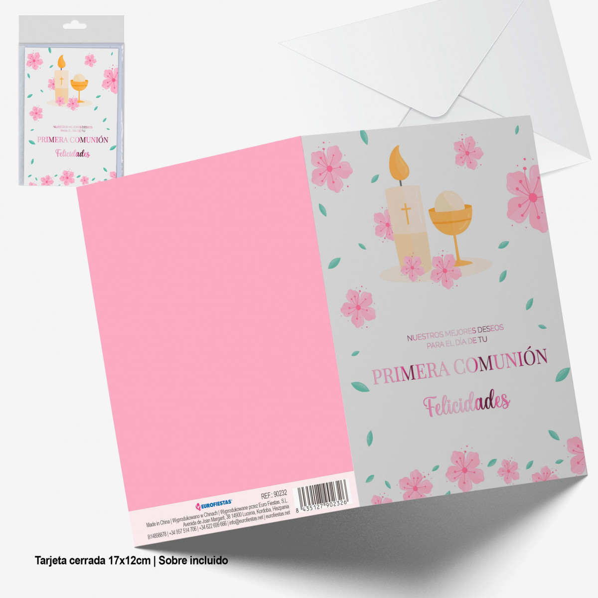 Tarjeta felicitacion rosa metalizado caliz comunion