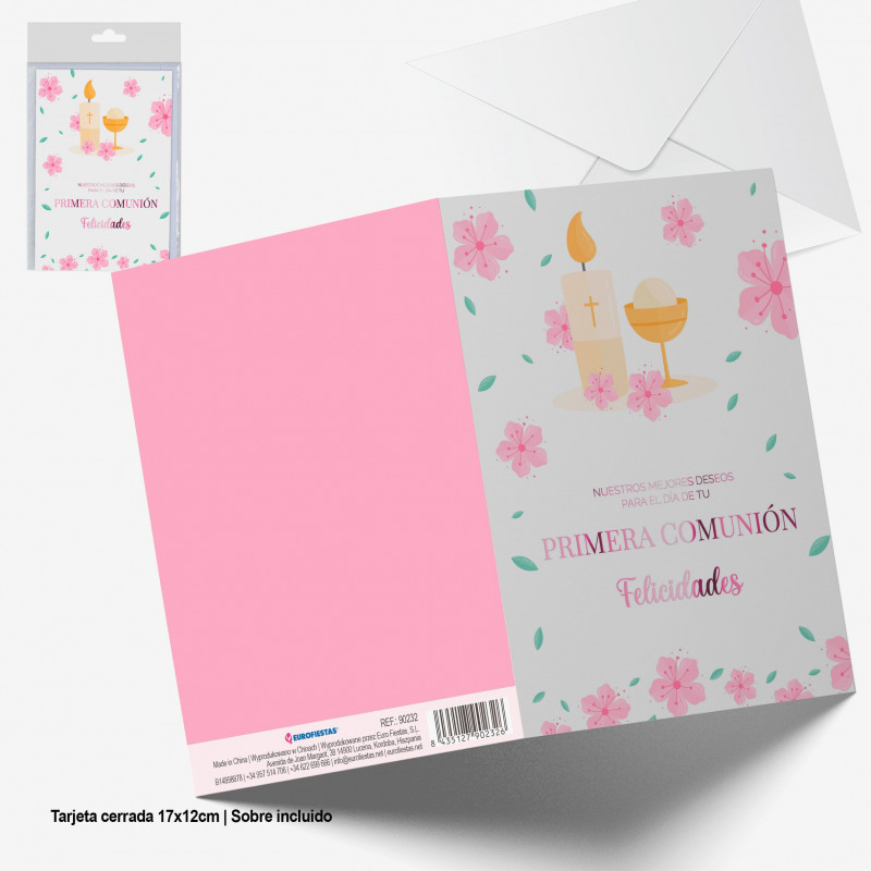 Tarjeta felicitacion rosa metalizado caliz comunion