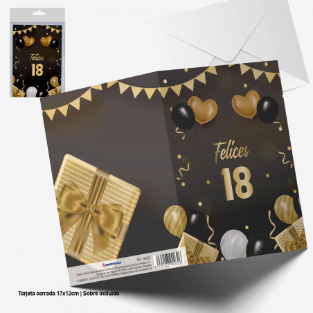 Tarjeta felicitacion oro metalizado globos y regalos felices 18