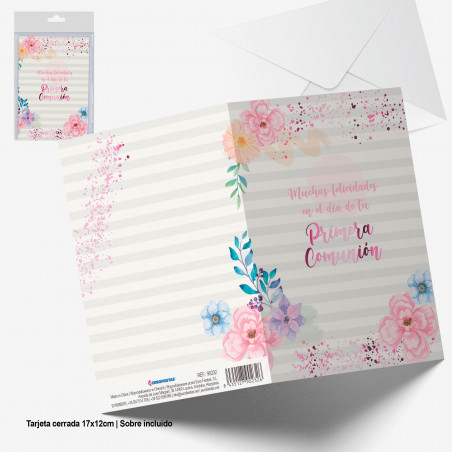 Tarjeta felicitacion rosa metalizado flores comunion