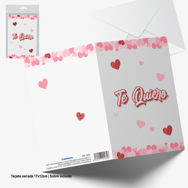 Tarjeta felicitacion blanca corazones purpurina roja te quiero
