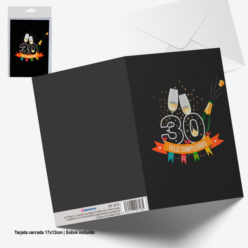 Tarjeta felicitacion negra cava estrellas oro feliz cumpleaños 30