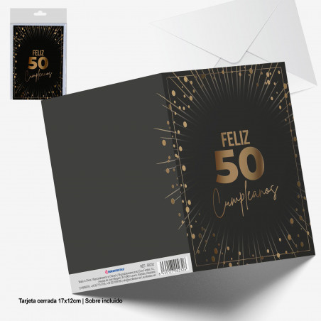 Tarjeta felicitacion negra destellos oro feliz cumpleaños 50