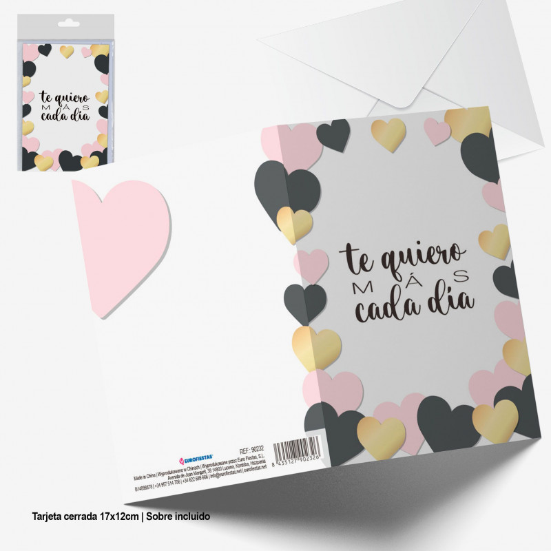 Tarjeta felicitacion corazones te quiero mas cada dia oro