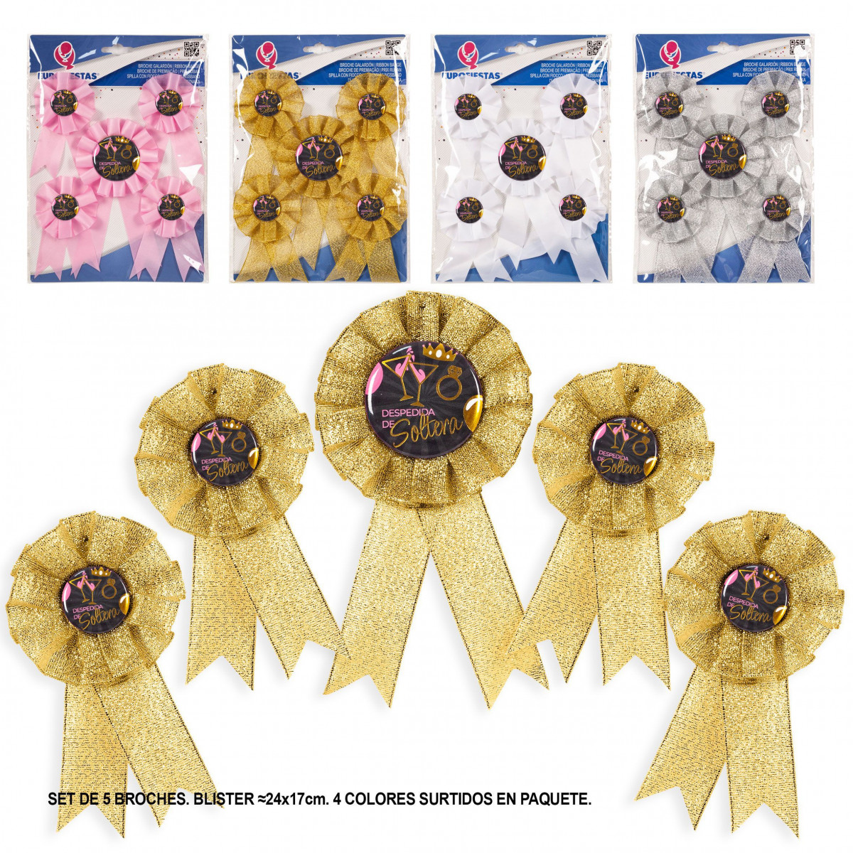 Set de broches despedida soltera copas y anillo 4cs