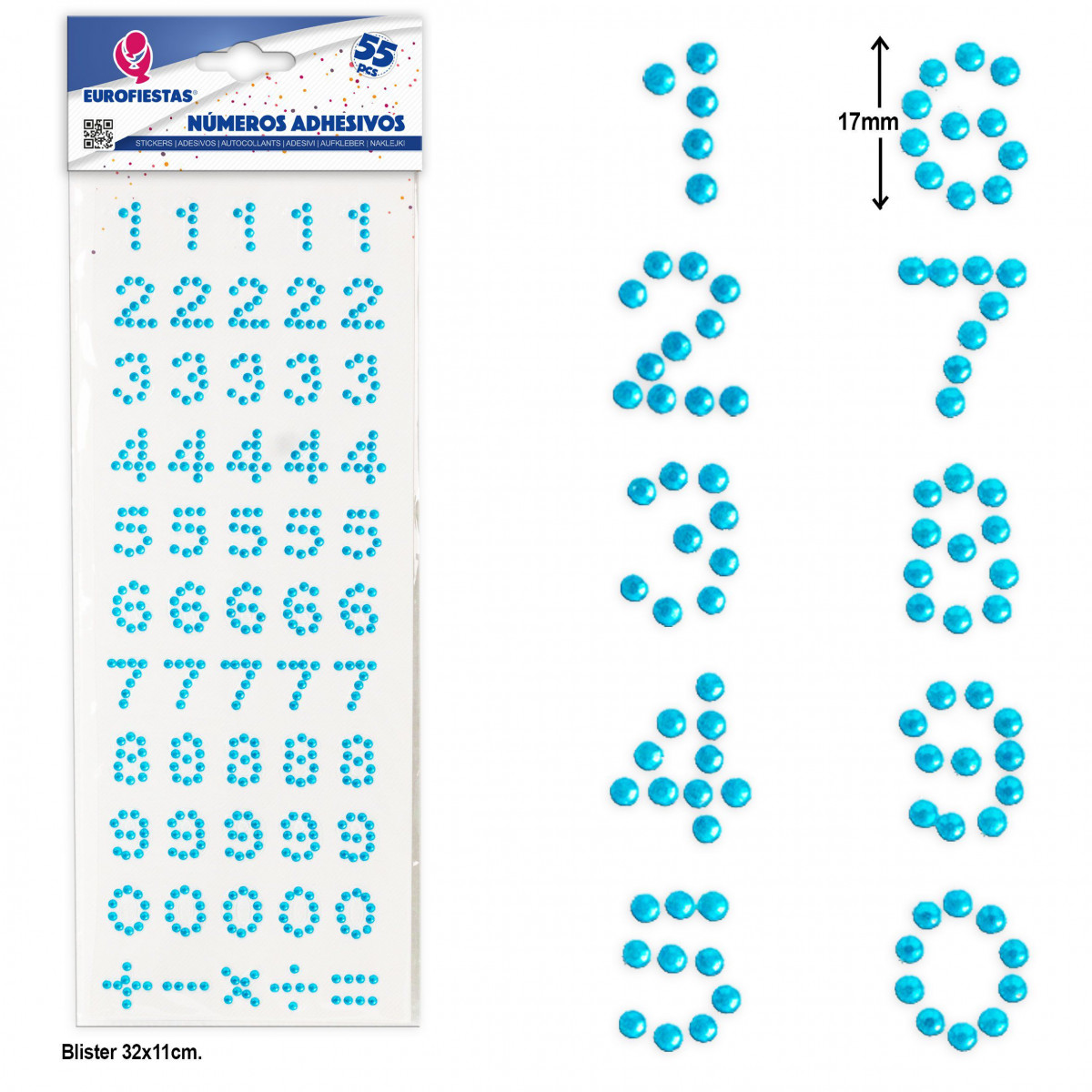 Números adhesivos azul celeste para personalizar, Pack de 55 unidades