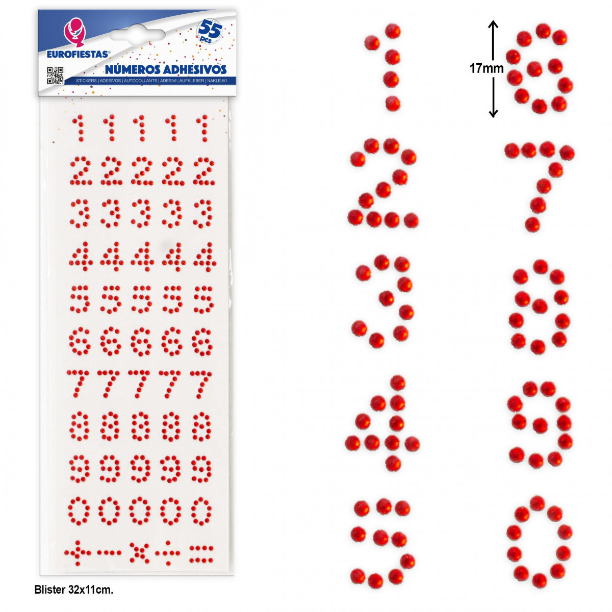 Números adhesivos rojos para decoración, pack de 55 unidades
