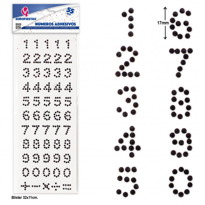 Números adhesivos negros para decoración, pack de 55 unidades
