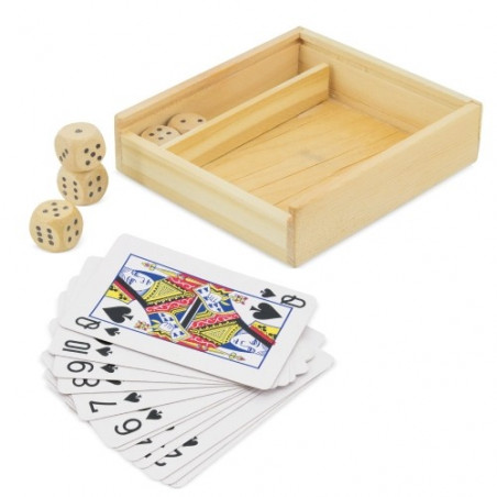 Juego de dados y cartas en caja de madera con adhesivos de boda personalizado
