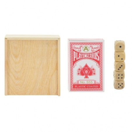 Juego de dados y cartas en caja de madera con adhesivos de boda personalizado