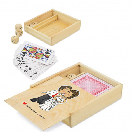 Juego de dados y cartas en caja de madera con adhesivos de boda personalizado