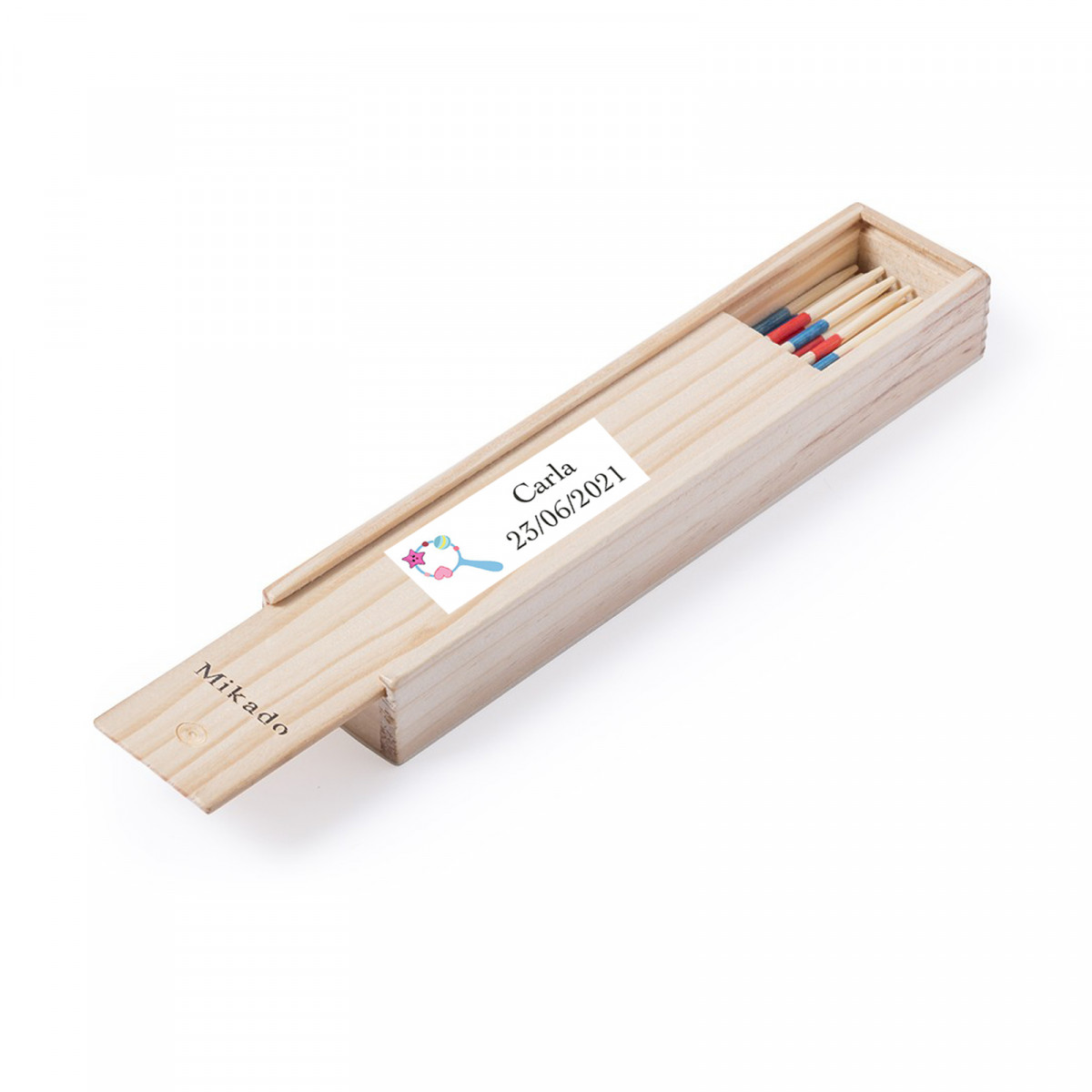 Juego mikado personalizado con adhesivo de bautizo