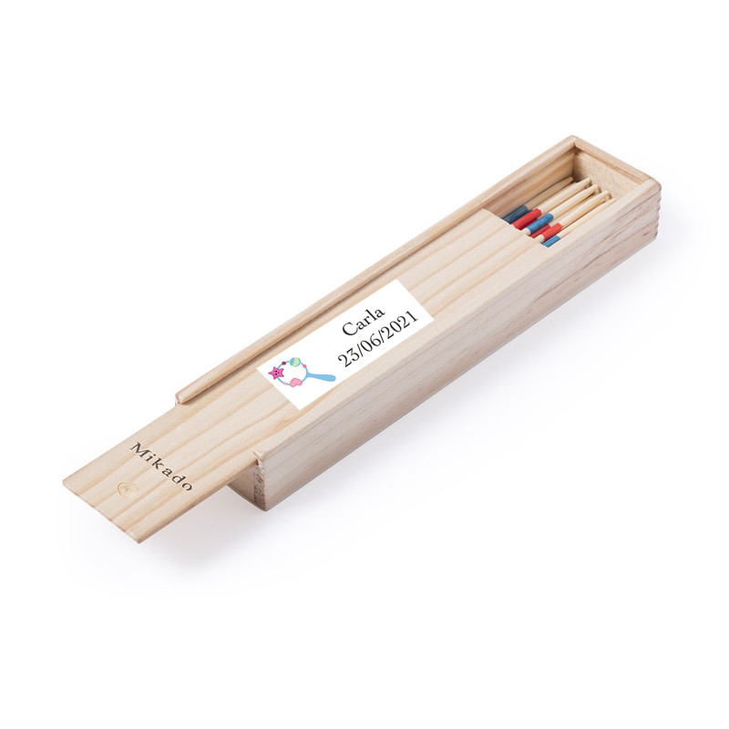 Juego mikado personalizado con adhesivo de bautizo