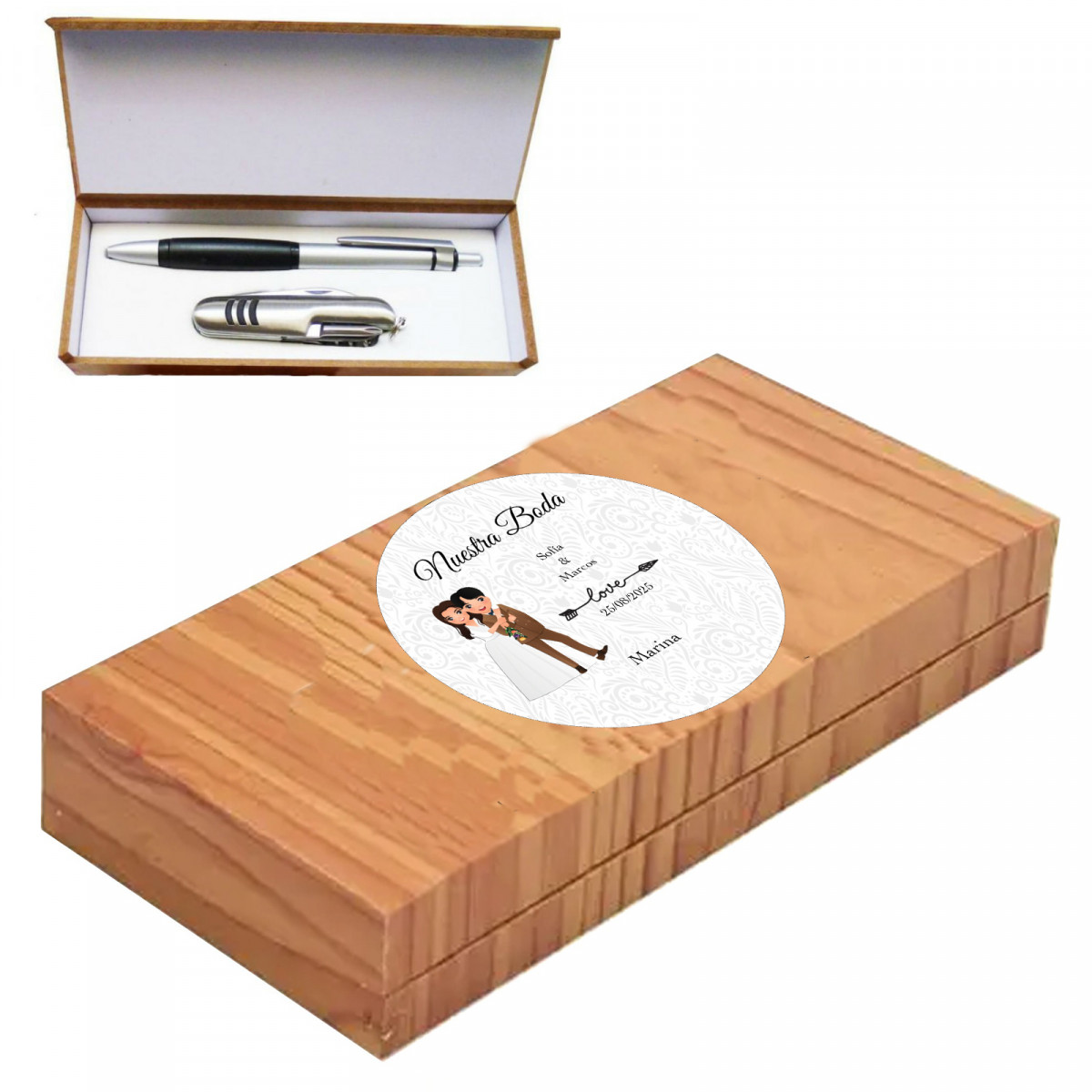 Bolígrafo con navaja en estuche de madera con adhesivo personalizable de bodas