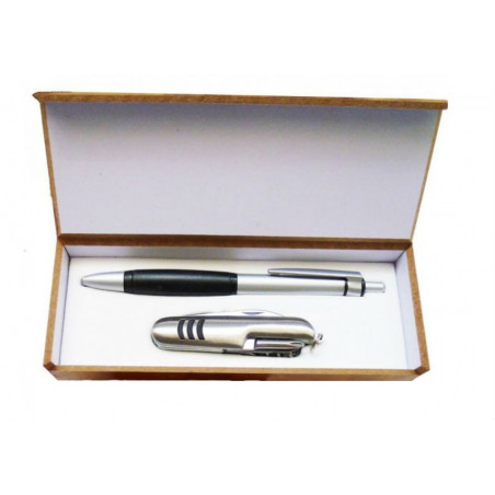 Bolígrafo con navaja en estuche de madera con adhesivo personalizable de bodas