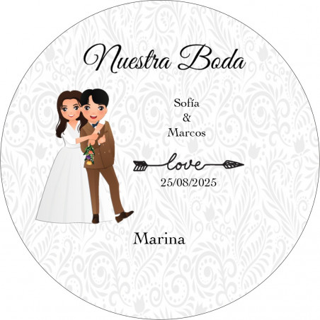 Bolígrafo con navaja en estuche de madera con adhesivo personalizable de bodas