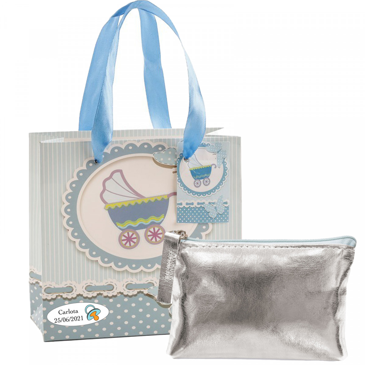 Monedero plateado presentado en bolsa con adhesivo personalizado para bautizo niño