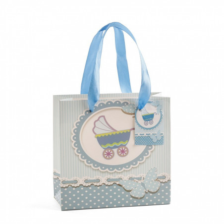 Monedero plateado presentado en bolsa con adhesivo personalizado para bautizo niño