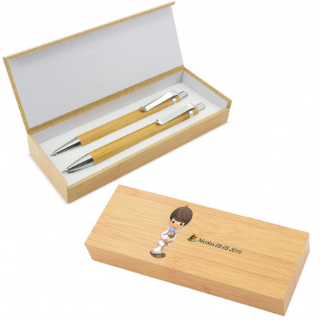 Boligrafo y lápiz portaminas en estuche de bambú con adhesivos para regalos de Comunión adolescentes