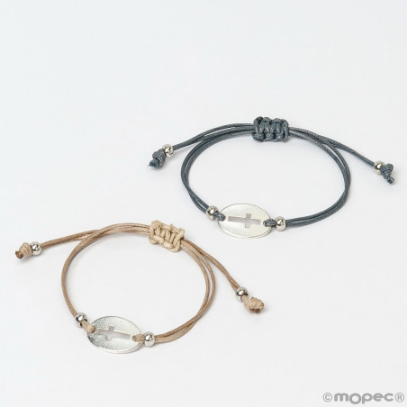 Pulsera de cordón para mujer con medalla de cruz y presentado en sobre kraft con adhesivo personalizable