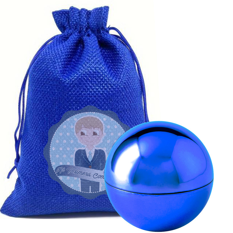 Bálsamo para los labios presentado en bolsa azul y adhesivo para comunión