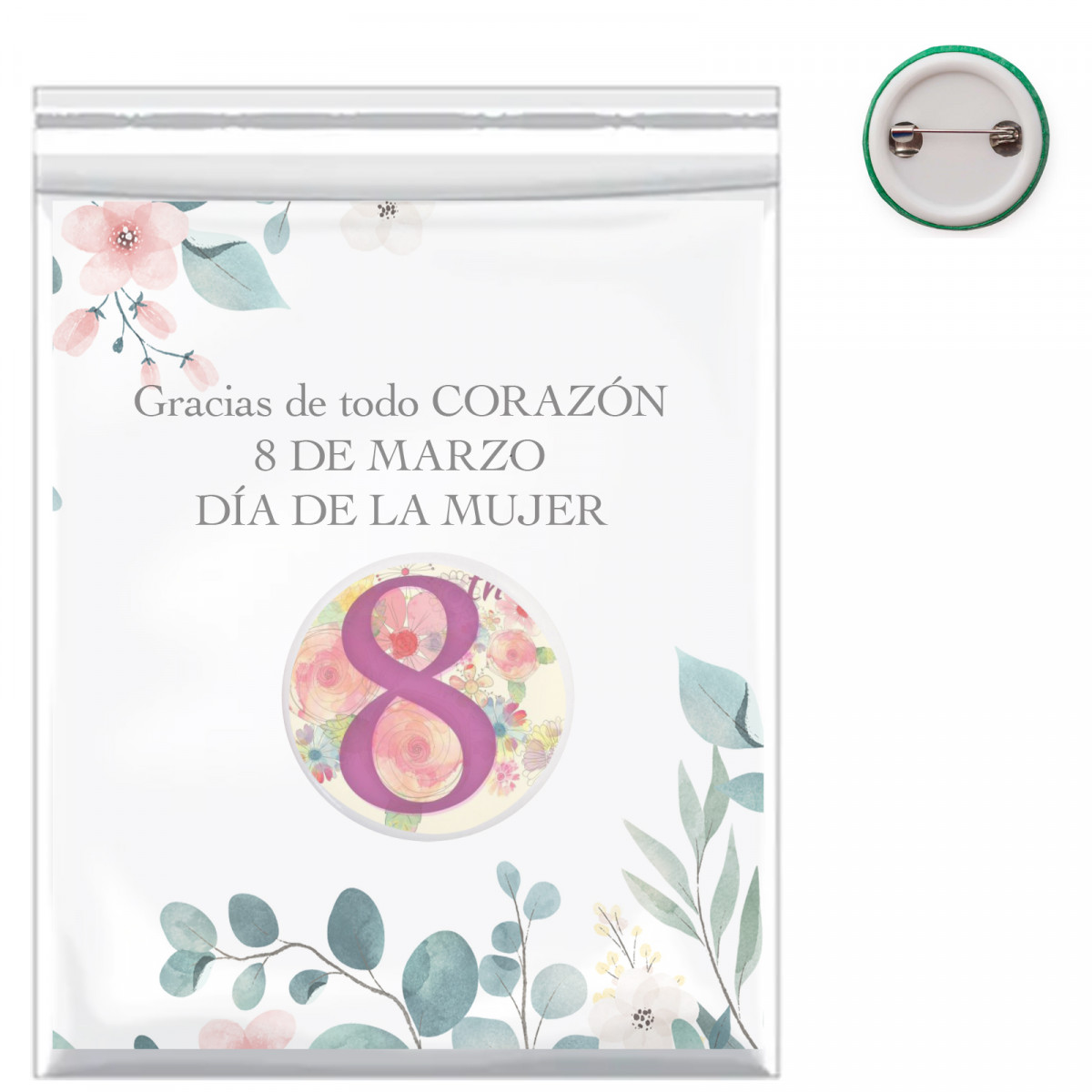 Chapita personalizada con adhesivo con imagen y tarjeta dedicatoria en bolsa pvc como detalle