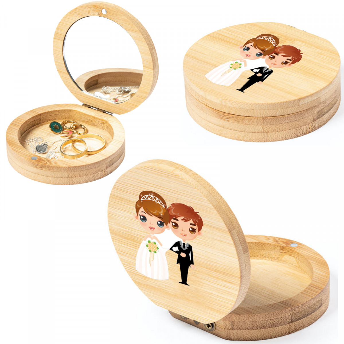 Joyero mini redondo con adhesivo para bodas