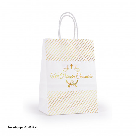 Portafoto dorado con bolsa de papel de regalo para comunión y adhesivo personalizado