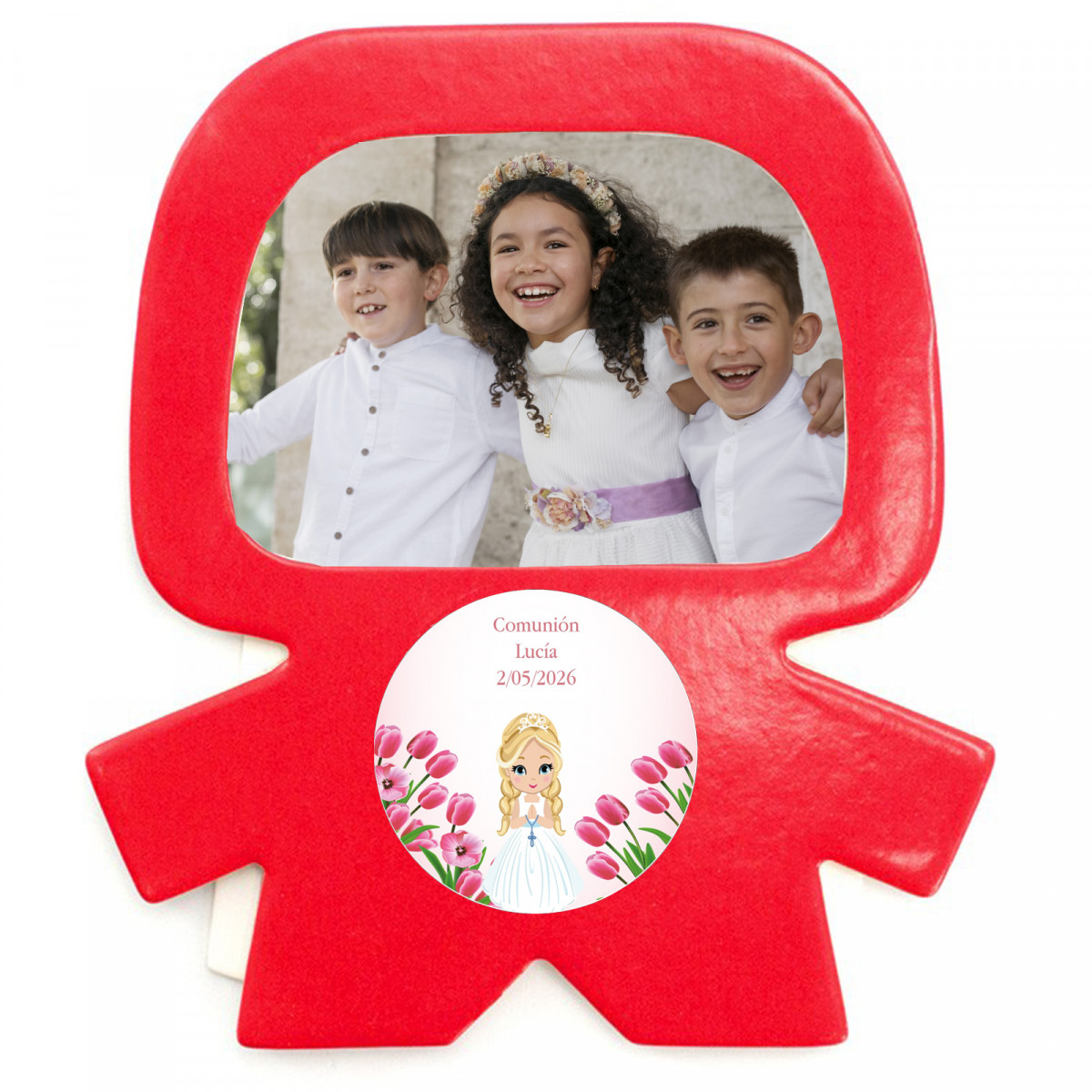 Marco fotos imán en forma de silueta roja y adhesivo de comunión para niña
