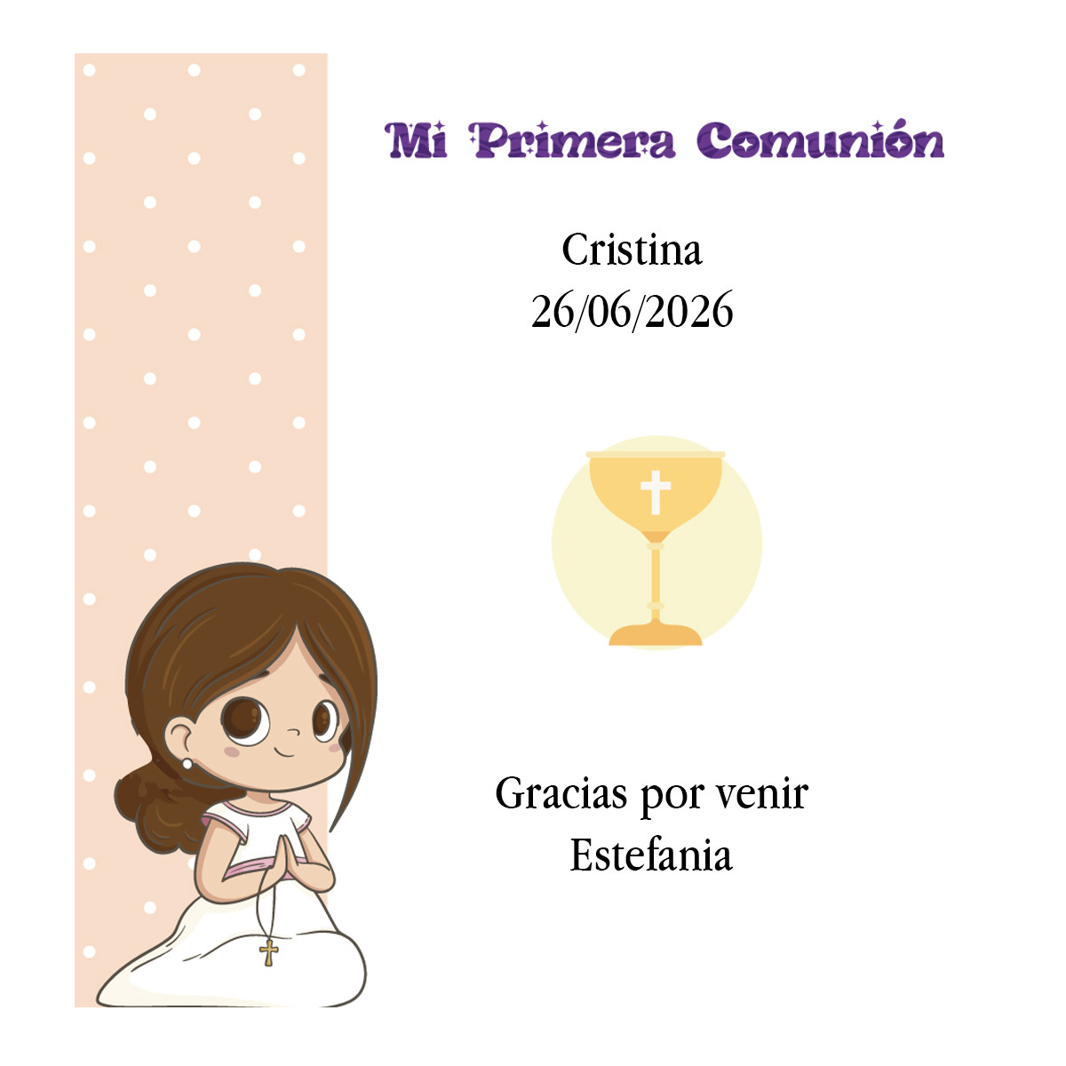 Tarjeta de agradecimiento primera comunión para personalizar con nombre de invitado