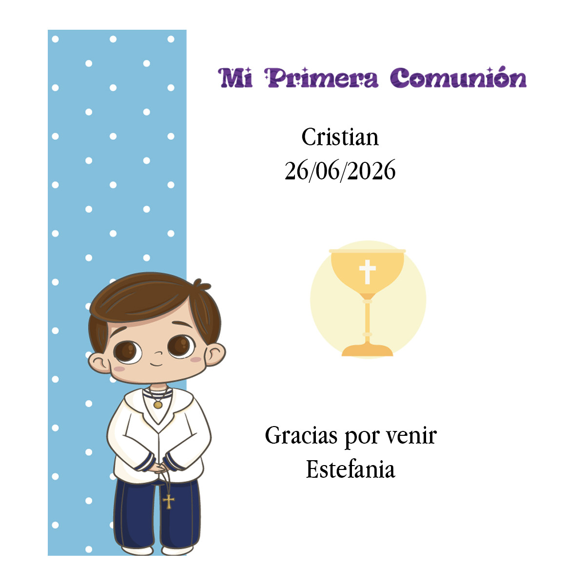 Tarjeta de agradecimiento primera comunión niño personalizada con nombre de invitado