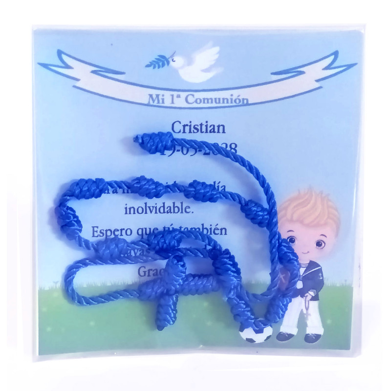 Rosario juvenil de cordón en color azul con tarjeta de comunión personalizada para dedicatoria