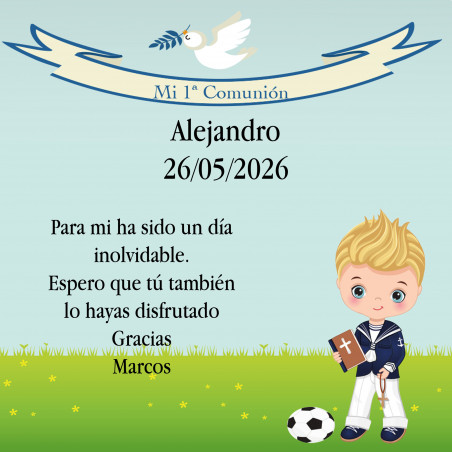 Rosario juvenil de cordón en color azul con tarjeta de comunión personalizada para dedicatoria