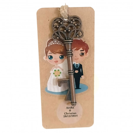 Abridor en forma de llave antigua decorada con adhesivos de boda y personalizable
