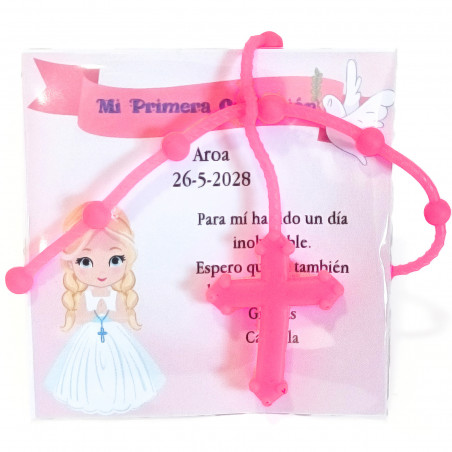 Pulsera rosario rosa con tarjeta de comunión con dedicatoria