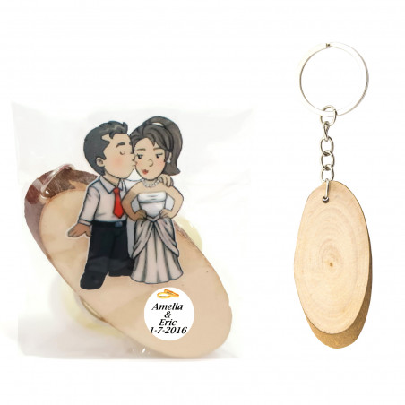 Llavero tronco de madera en bolsa transparente y adhesivo de bodas