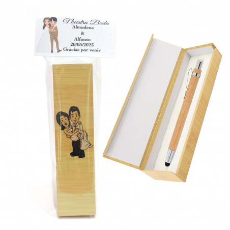 Bolígrafo puntero de madera en estuche de presentación con bolsa y adhesivos de boda