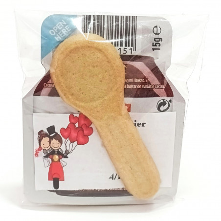 Nutella porción individual con galleta en forma de cuchara y adhesivo de bodas personalizado