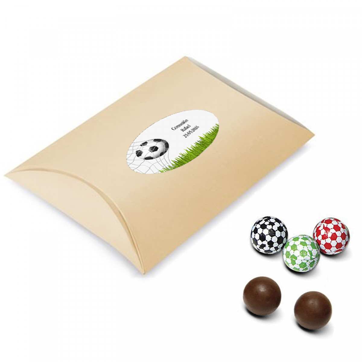 Balones de chocolate rellenos presentados en caja de cartón personalizada