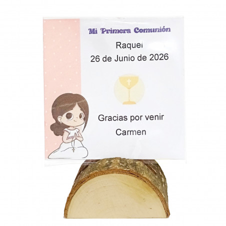 Minuta comunión de niña con soporte en forma de tronco