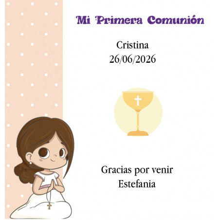 Minuta comunión de niña con soporte en forma de tronco