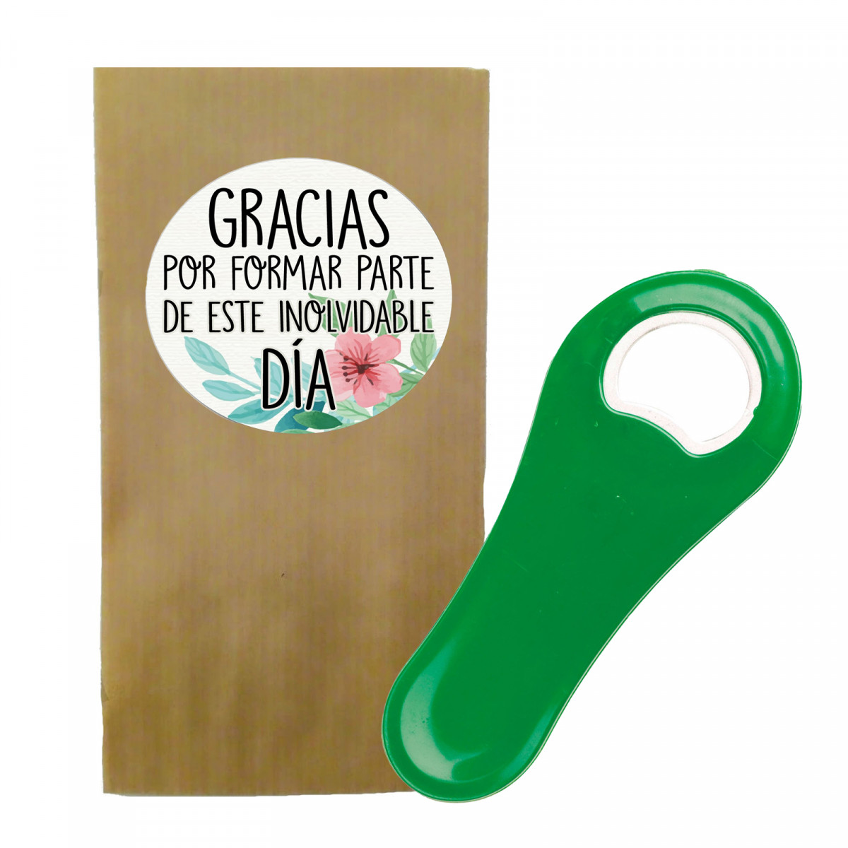 Abridor con imán con sobre y adhesivo floral con frase