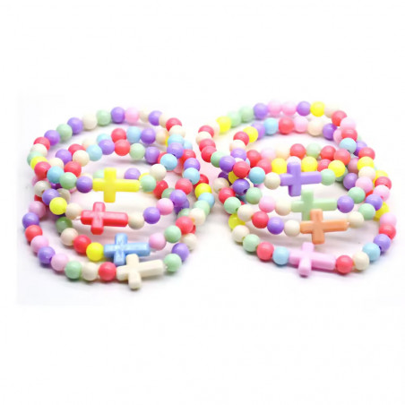 Pulsera de bolitas de colores para niña con cruz